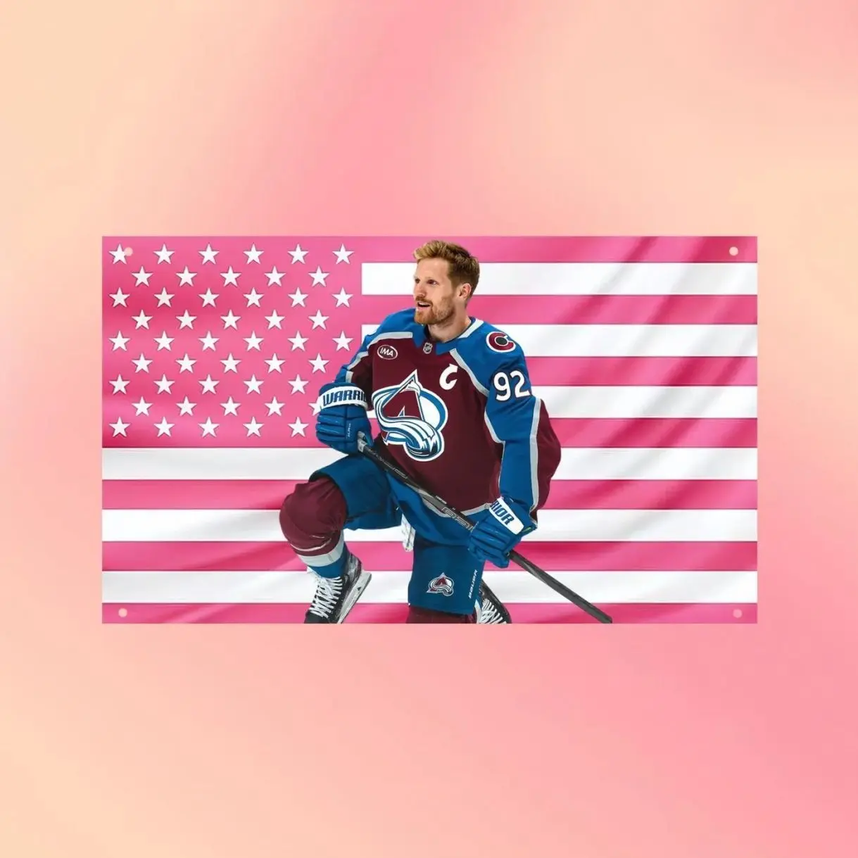 Gabriel Landeskog Pink USA Flag Wall Tapestry, Hockey Wall Flag, Sports Bedroom Decor
