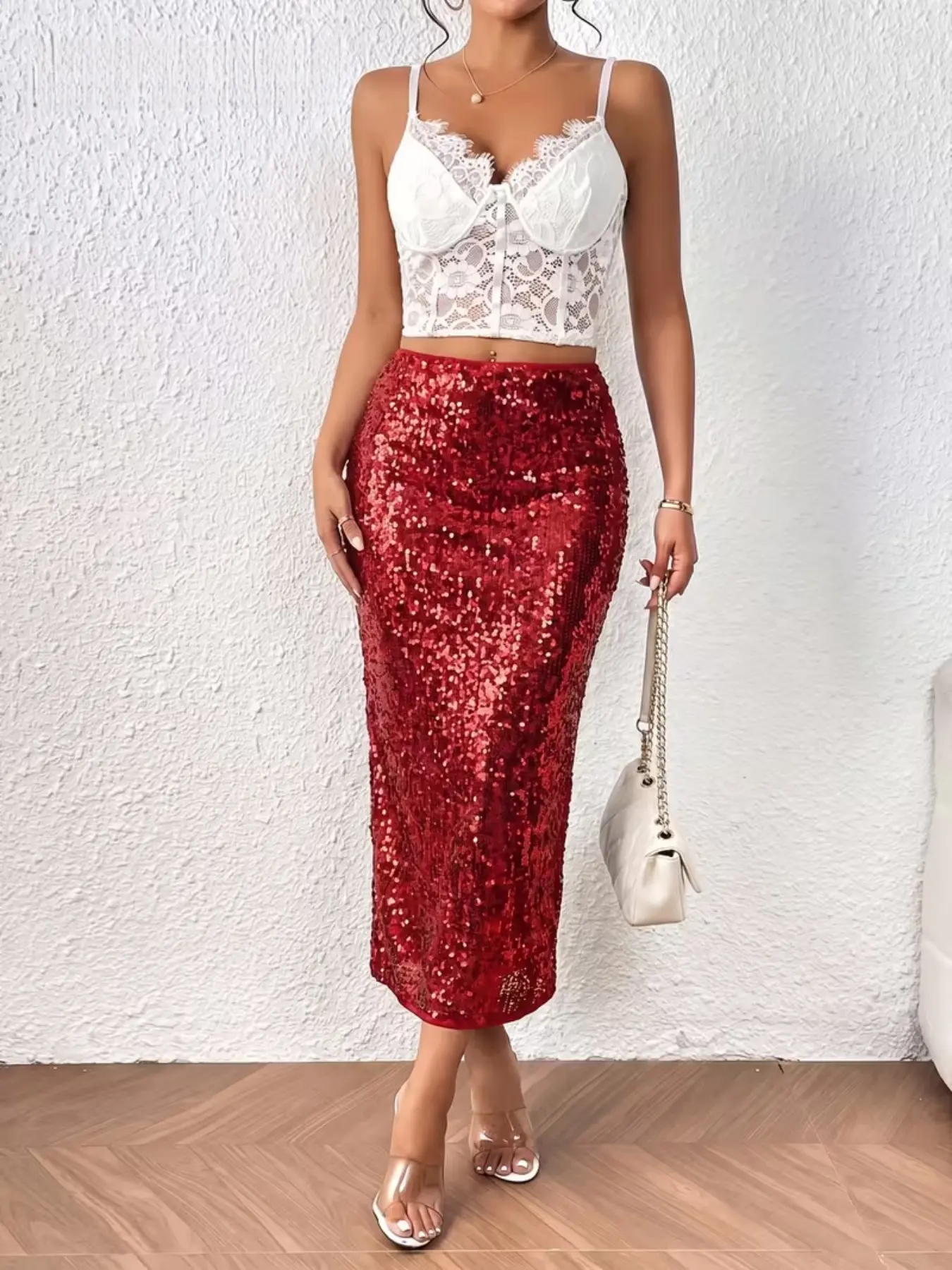 Women's Sequin Midi Skirt, Elegant Party Dress, Side Zipper Design, Slim-Fitting, High Waist, Fishtail Style, All Seasons, Fishtail Hem, High Waist Skirts