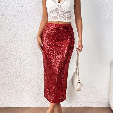 Women's Sequin Midi Skirt, Sparkle Skirt, Elegant Party Dress, Side Zipper Design, Slim-Fitting, High Waist, Fishtail Style, All Seasons, Fishtail Hem