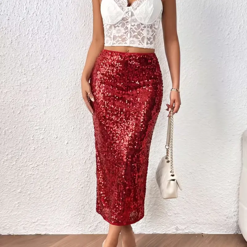 Women's Sequin Midi Skirt, Sparkle Skirt, Elegant Party Dress, Side Zipper Design, Slim-Fitting, High Waist, Fishtail Style, All Seasons, Fishtail Hem