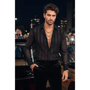 Braxil Long Sleeve Shirt - Black, Fits Well, Spandex Fabric, Stretchy, Collared, Casual Style, Ideal for Men Geometric Menswear Top Formal Garment Stylish