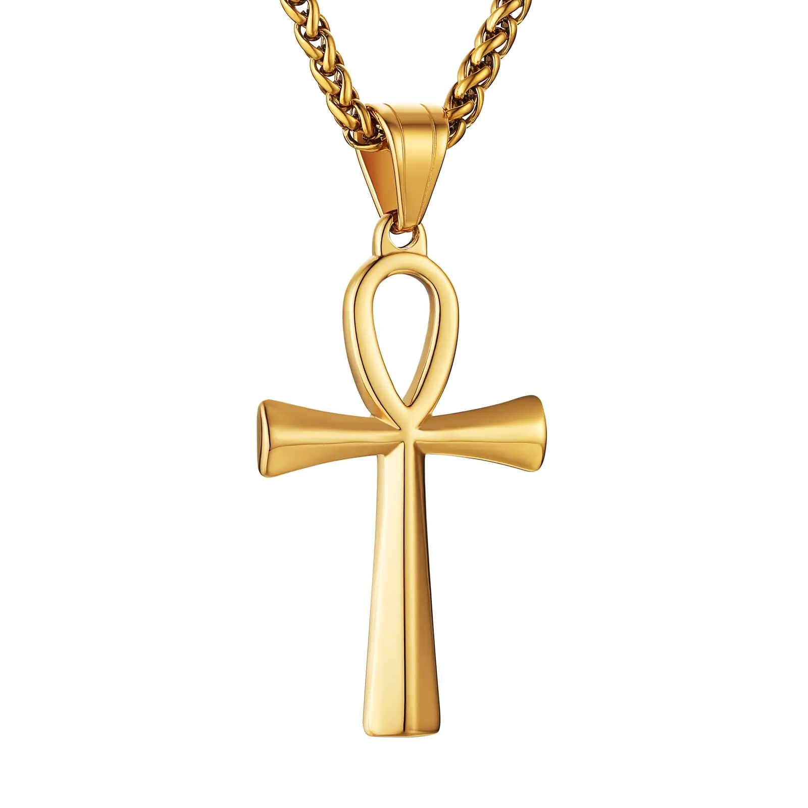 HZMAN Men's Gold Stainless Steel Coptic Ankh Cross Religious Pendant Necklace, 22" Rope Chain (Gold)