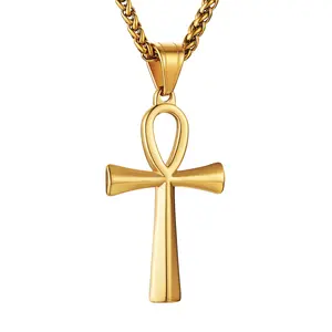 HZMAN Men's Gold Stainless Steel Coptic Ankh Cross Religious Pendant Necklace, 22" Rope Chain (Gold)