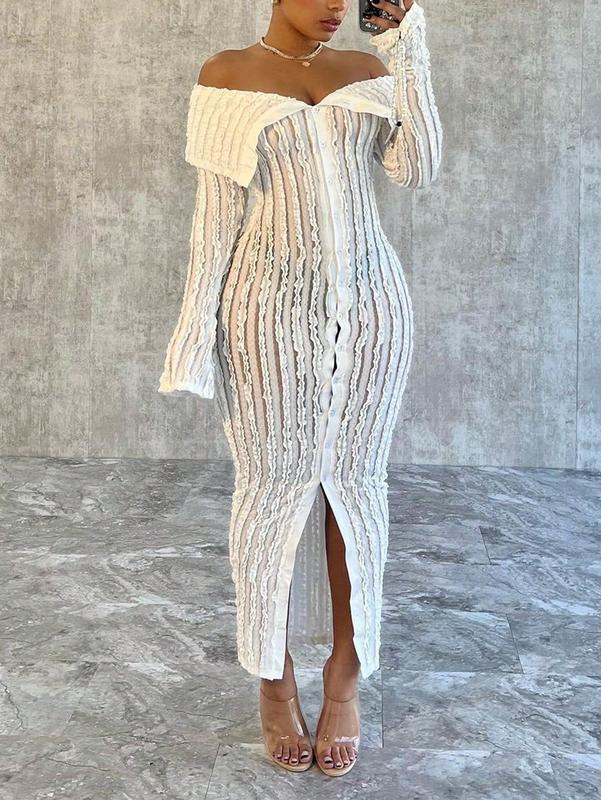 Women'S Off-Shoulder Long Sleeve Knitted Dress SHEIN