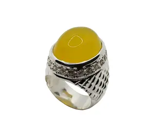 Natural Yellow Agate Mens Designer Ring: Sterling Silver 925 Handmade Yemeni Aqeeq Jewelry