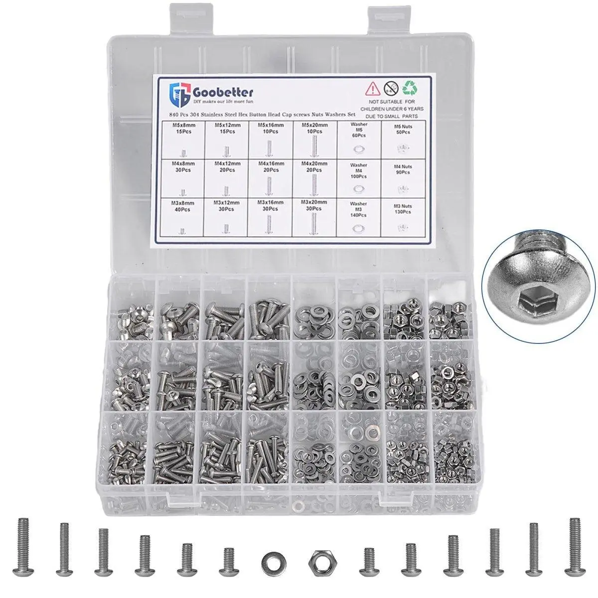Metric Screw Assortment, Hex Socket Button  Head Cap Screws and Nuts Washers Assortment Kit, 304 Stainless Steel Metric Set Screws