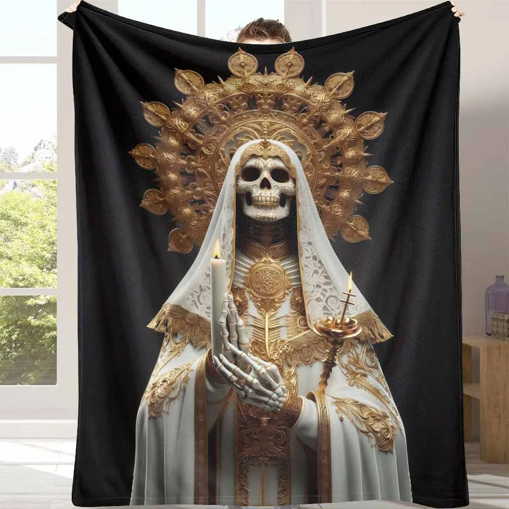 Golden Sacred Saint Religious Flannel Throw Blanket - Ornate Baroque Liturgical Design, Luxurious Soft Cozy, Warm Breathable, Machine Washable Decorative Piece for Home Decor, Christmas Blanket Gifts, Decorative Blanket