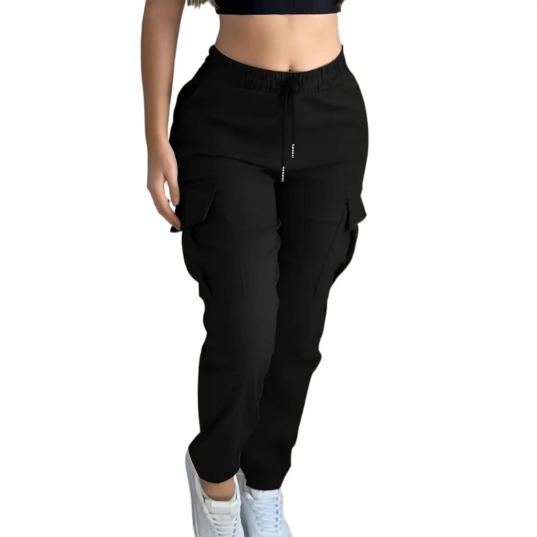 Women's Full-Length Polyester Cargo Overalls - Casual Solid Joggers with Drawstring Waist, Pocket Design, Common Style, Dry Clean Compatible for Sports, Outdoor Activities
