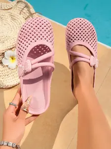 Summer Soft Sole Non-Slip Home Slippers Flat, Hollow Out Women's Outdoor Beach Sandals, One-Step Slip-On Cool Slides, Plain Pattern