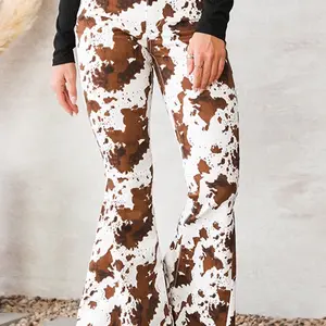 Brown Abstract Print Raw Hem High Waist Flare Pants Cow Print Jeans