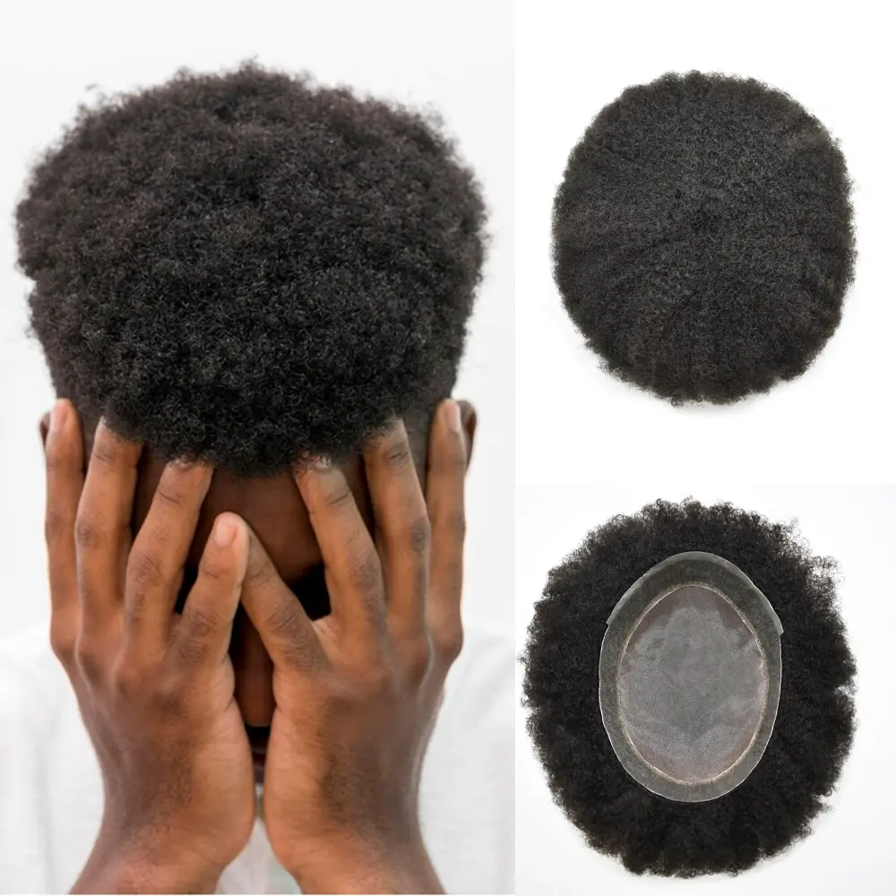 Curly Hair Piece for Men Toupee Real Human Hair System for Afro Mens Toupee Fine Mono Kinky Curly Weave Hair Units for Black Men Hair Pieces Curly Wavy Hair Systems for Men Poly SKin Natural Hailine Mens Toupee Curly