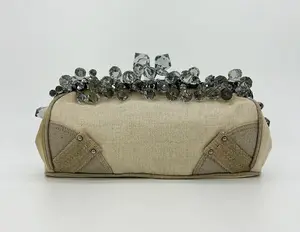 Pre-owned PRADA Woven Beige Canvas Clutches & Wristlets Mistolino Natural Canvas Crystal Beaded Top Pochette
