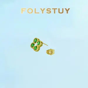 Width: 14mm [FOLYSTUY (C0075)]Green Stone Clover Stud Earrings, Dainty Four Leaf Clover Earrings with Emerald Color Gem, Minimalist Everyday Wear Jewelry Gift