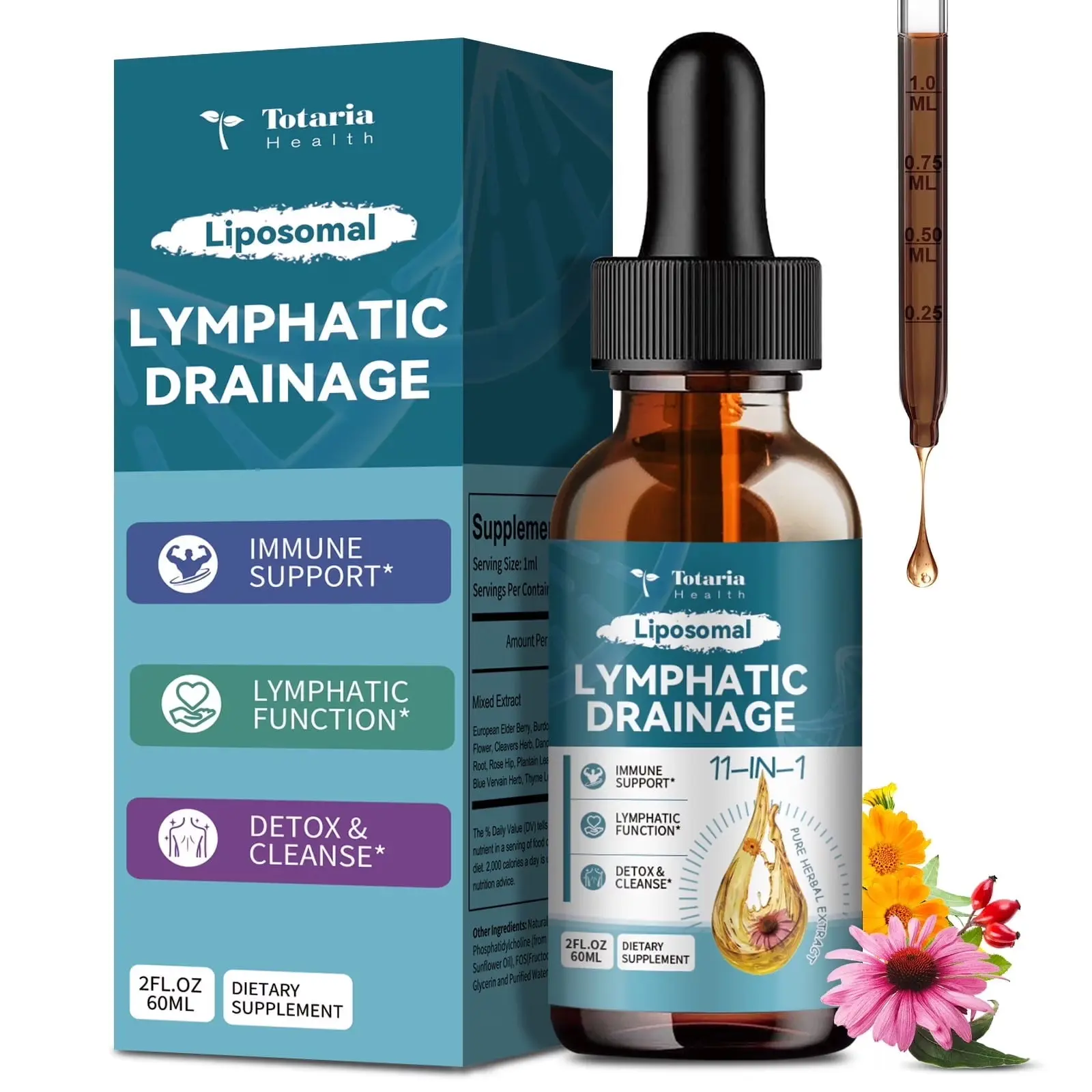 Totaria Liposomal Lymphatic Drainage Drops, 11-in-1 Organic Supplement with Burdock Root, Echinacea, Elderberry, Calendula, Cleavers Herb & Dandelion, Supports Lymphatic Health, 60mL
