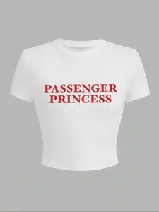 Women's Letter Slogan Print Crop Tee, Y2K Style Short Sleeve Round Neck T-Shirt for Summer, Stylish and Comfortable Casual Wear, Round Neck Top