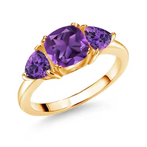 Gem Stone King 18K Yellow Gold Plated Silver Gemstone Birthstone 3-Stone Engagement Ring for Women | 7MM Cushion and 5MM Trillion | Three Stone Promise Anniversary Wedding Ring | Sizes 5-9