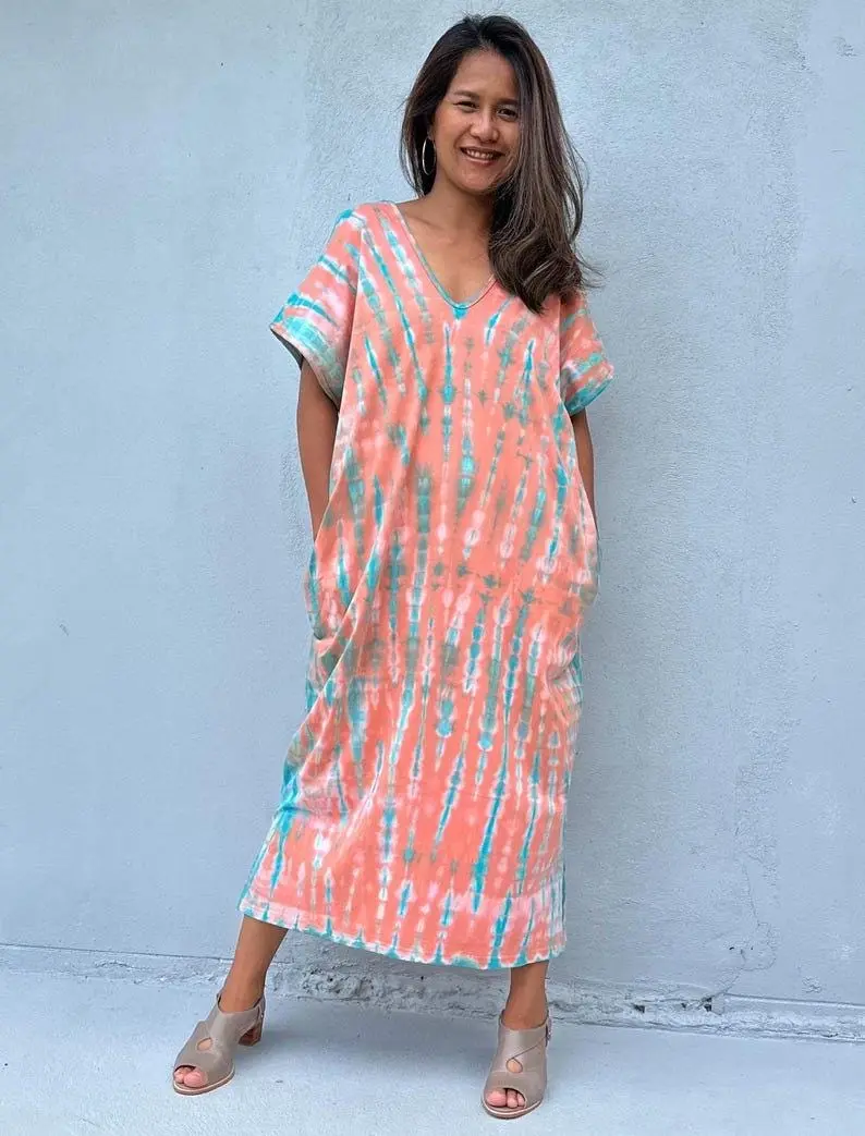 Alisa Petite Cotton Kaftan in Salmon and Aqua Tie Dye