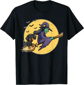 Cute Halloween Witch Dachshund Dog Lovers Flying Broom T-Shirt - 76B07XJGNNR7