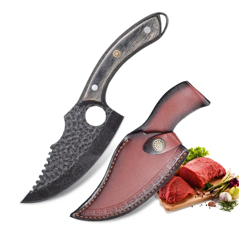 XNARLATH Forged Steel Cooking Knife - Black Full Tang Blade, Durable Kitchen Cutting Tool with Leather Sheath for Culinary Enthusiasts, Camping