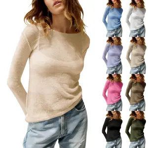 Imily Bela Womens See Through Shirt Boat Neck Long Sleeve Knit Casual Blouse Tops M1H808
