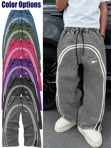 Multicolor American High Street Vintage Pants, Unique Print Fitted Casual Sweatpants, Washed Cotton Fabric, Unisex, All Seasons