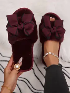 Women's New Fuzzy Home Slippers, Fashionable Soft Slippers, Fashion Bowknot Decor, Soft Plush, One-Piece Easy Wear, Comfortible Fall & Winter Shoes