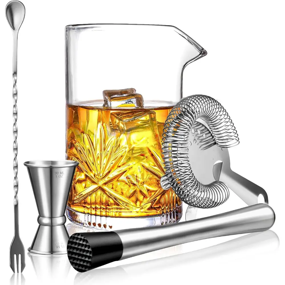 5-Piece Bartender Crystal Glass Bar Set - 18oz Transparent Cocktail Mixing Kit with Strainer, Muddler, Spoon, Jigger for Old Fashioned Cocktails, Five Pieces