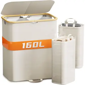 160L Double Laundry Hamper with Lid, Dirty Clothes Hamper with 2 Removable Bags, Beige Laundry Hamper 2 section with  Handles Easy to Carry for Bedroom, Bathroom, Dorm, College