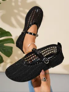 Women's Mary Jane Flats, Woven Design Round Toe Ballet Shoes, Netted Ballet Flats, Elegant Summer Casual Comfort Walking Shoes for Daily Wear, Ballerina Flats Shoes