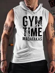 Men's Letter Print Hooded Tank Top, Regular Fit Casual Drawstring Hooded Sleeveless Hoodie Vest for Summer, Men's Top for Daily Wear, Sweatshirts