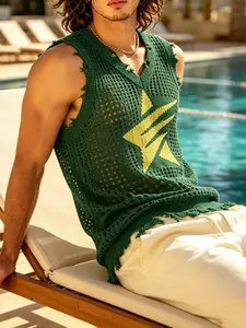 Men's Summer Trendy Knit Hollow Out Vest, Fitting Vest, Pentagram Pattern V-Neck Ripped Design, Casual Fitted Daily Wear, Perfect for Everyday Use, Breathable Sleeveless Vest