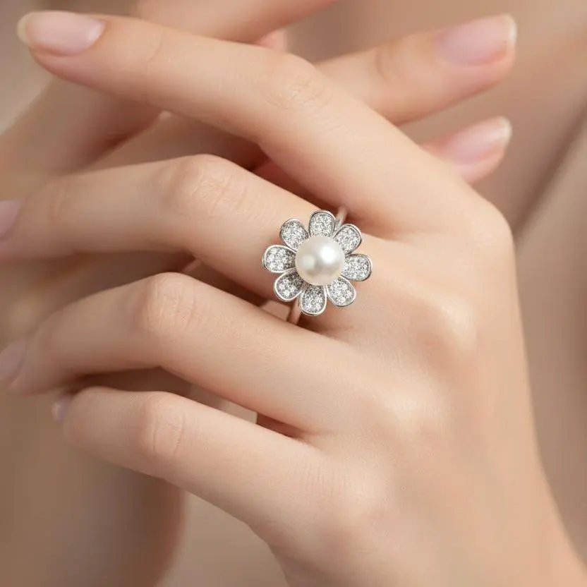 Feminine White Gold-Dipped CZ Flower Acrylic Pearl Adjustable Ring for Adults, One Size, Lightweight Jewelry Accessory, Flowers, Romantic