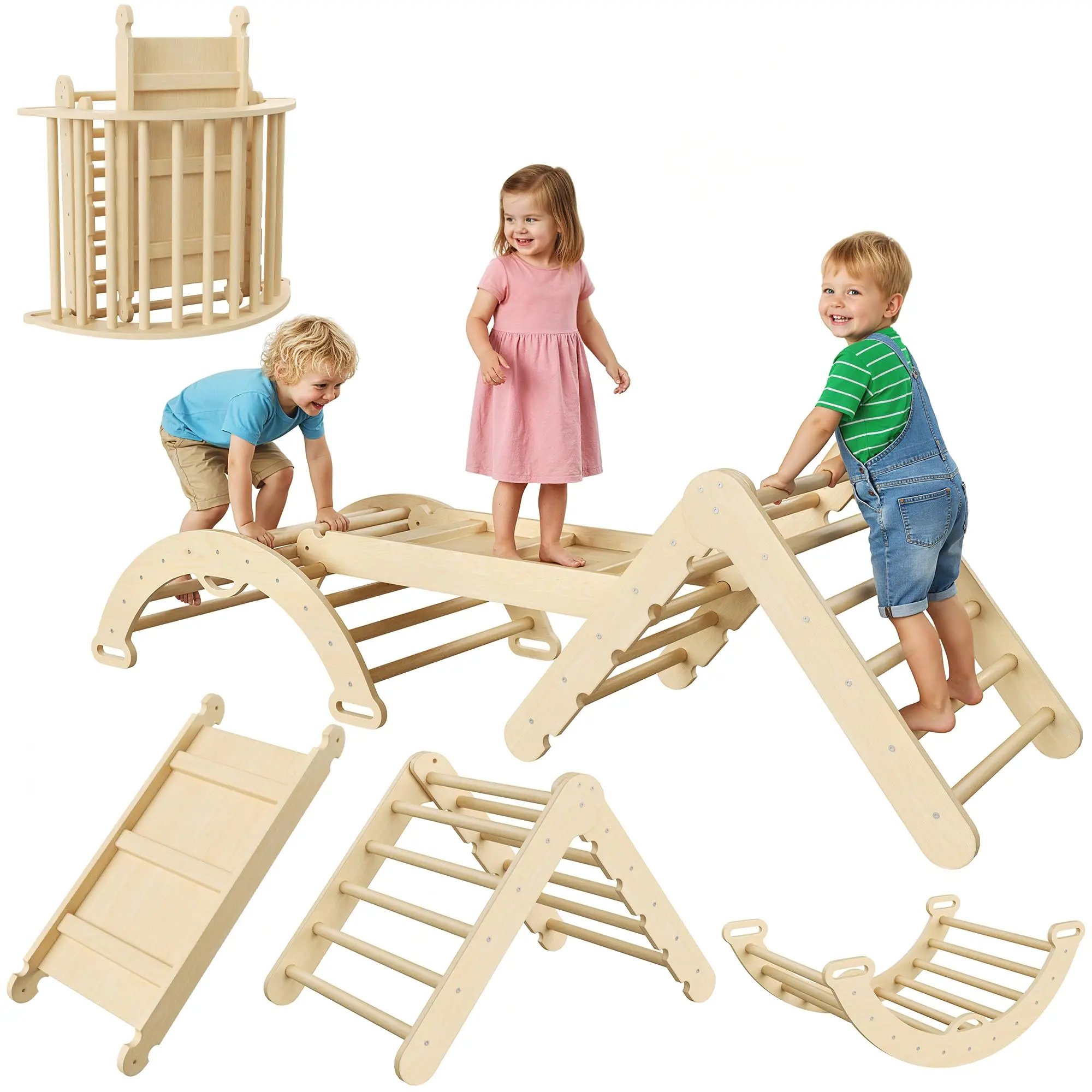 7-in-1 Compact Eco Wood Educational Balanced Climbing Triangle Set for Toddlers - Wooden Play Equipment with Arch, Ramp, Ladder, Slide, Assembly Kit, Rocking Chair, Indoor Holiday Jungle Gym Toy