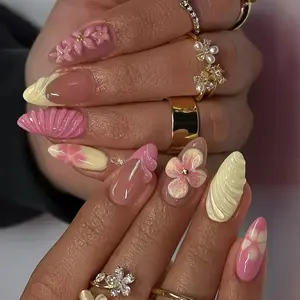 24pcs Almond Shape False Nails Set, Glossy Gradient, Floral Design with Gold Foil, Shell Texture, Pearl Ring Included