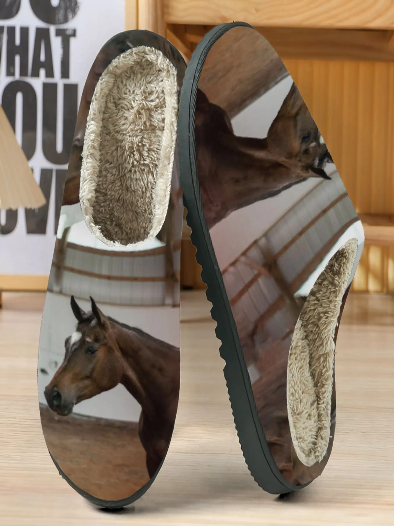 Horse Theme Cotton Slippers, Realistic Horse Portrait Design, Warm Fleece Lining, House Slippers, Casual Home Shoes for Equestrian Enthusiasts