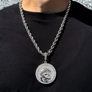 LARGE JESUS PORTRAIT HIP HOP ICED SILVER PLATED MEDAL CZ CHARM PENDANT & 8mm 24" ROPE CHAIN NECKLACE