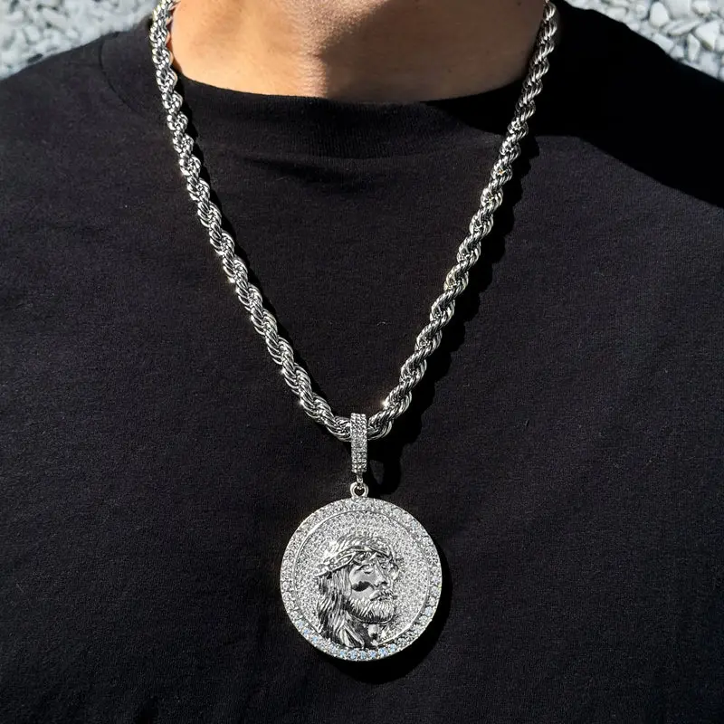 MaxBling81 Unisex Hip Hop Necklace, Large 50mm Silver-Plated Iced CZ Jesus Portrait Charm with 24" Silver Rope Chain for Daily Wear, Affordable Fashion, Bling Effect, Casual Wear, Large Charm, Chain & Link, Jewelry, Metal Coating, Round, Zircon, Charm Pen