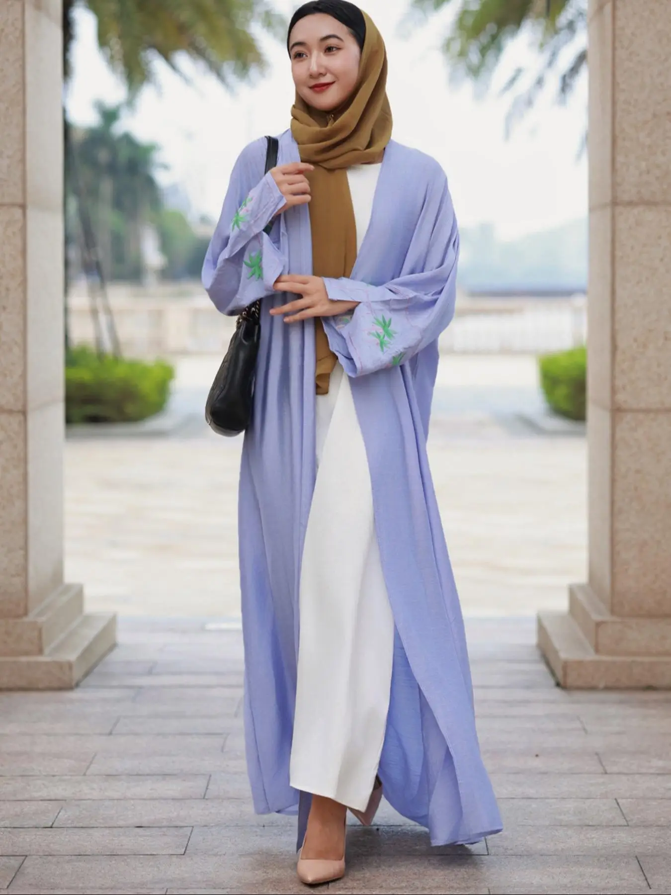 Women's Coconut Tree Embroidery Kimono Sleeve Abaya, Modest Split Sleeve Open Front Abaya for Daily Wear, Ladies Islamic Clothing for All Seasons