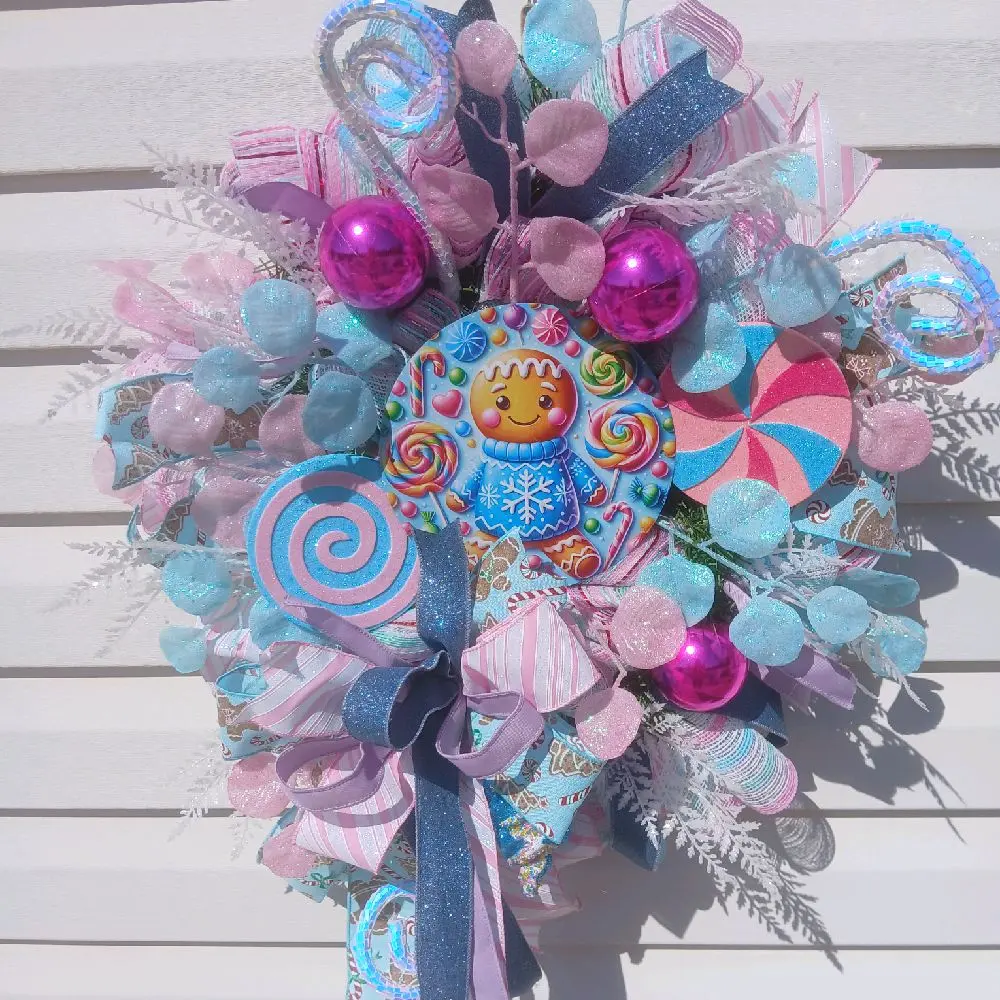 Gingerbread Candyland Wreath with Colorful Gingerbread Man, Lollipops, and Decorative Elements for Festive Decoration