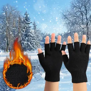Winter Unisex Fingerless Gloves Black Soft Knitted Open Finger for Work & Daily