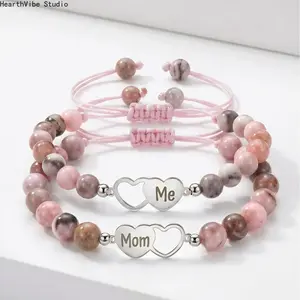 Mother-Daughter 2-Piece Matching Charm Bracelets Set, Stainless Steel Heart Mom-Me Beaded Sports Wristbands with Greeting Card, Mother's Day Gifts, Mom Gifts Set