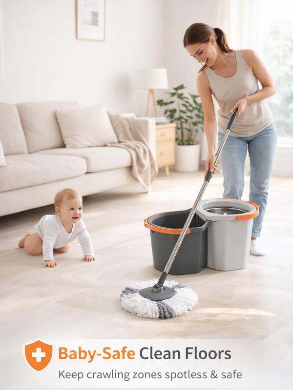 360° Rotating Spin Mop & Bucket Set with Double Bucket System & 3 Microfiber Heads for Easy Home Cleaning