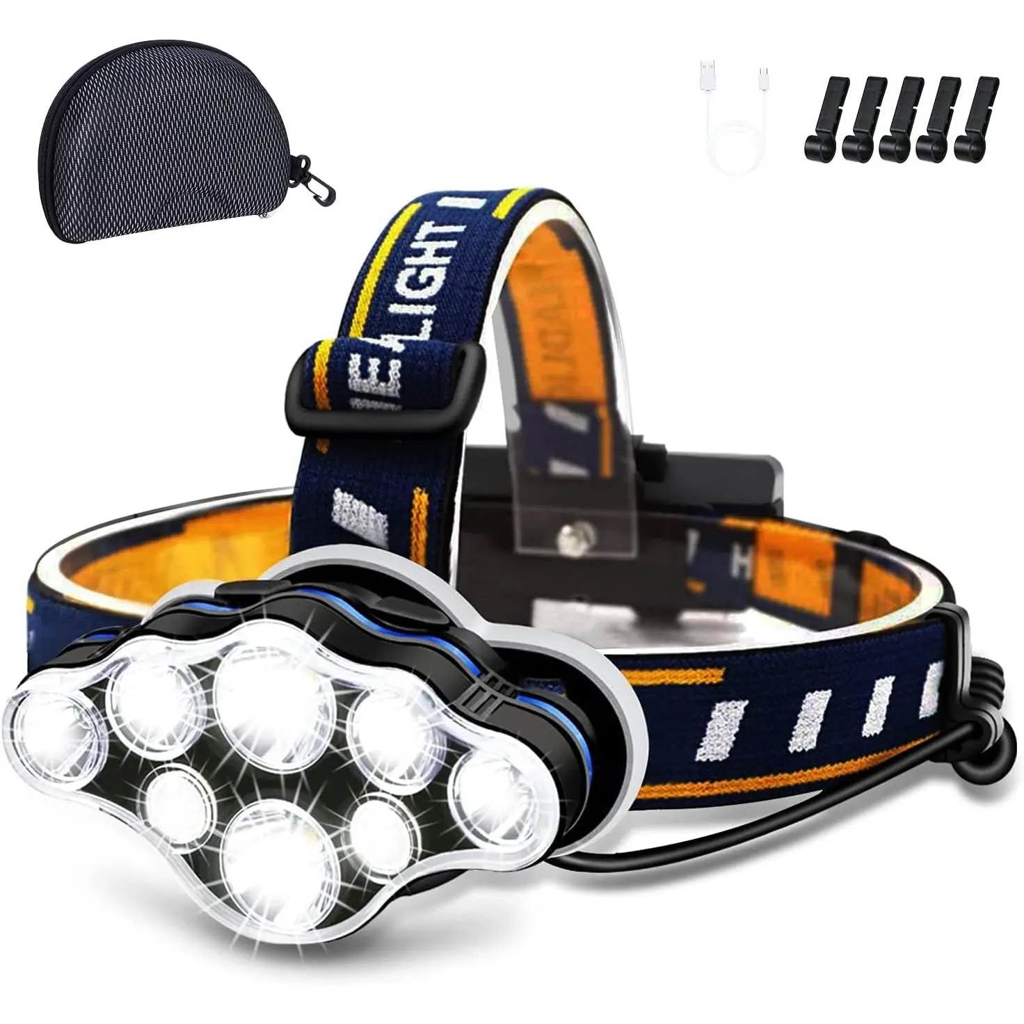 Rechargeable Headlamp, 8 LED Headlamp Flashlight 18000 Lumen 8 Modes with White Red Lights USB ,   Lamp for Outdoor Camping Cycling Running Fishing