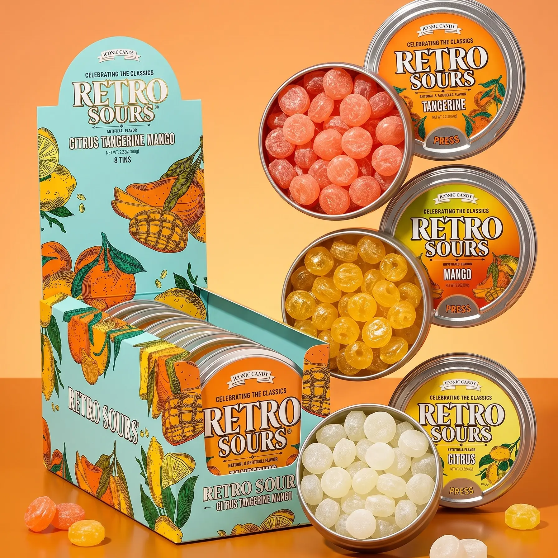 Retro Sours Tin Can – Citrus, Tangerine, Mango - Classic Hard Candy in Bold Fruity Flavors – Available in 1, 3, & 7 Pack Options