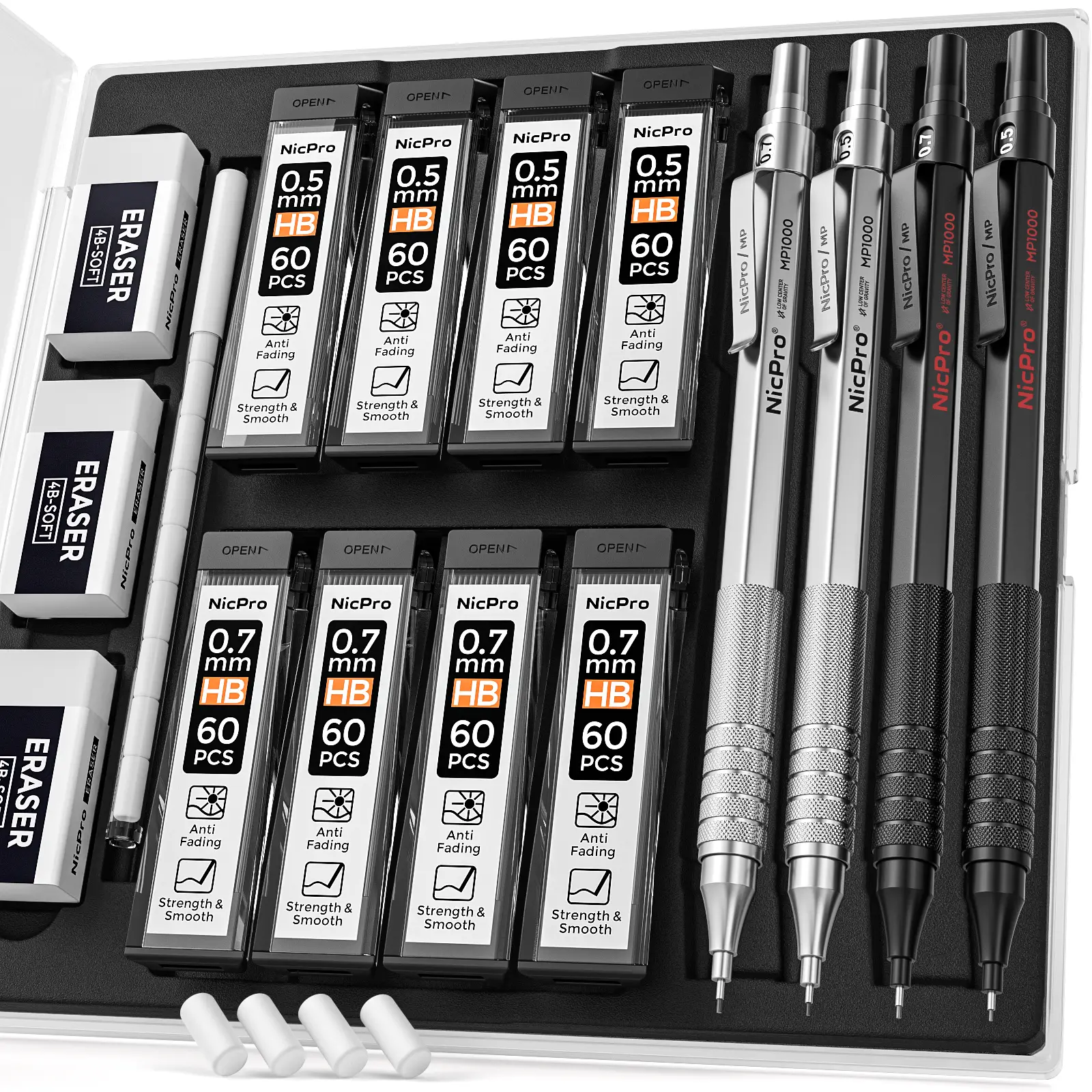 Nicpro 4 Pack Mechanical Pencils 0.5mm & 0.7 mm with Case, MP1000 Metal Artist Pencil Set, Office Supplies with 8 Tubes HB & 2B Lead Refills, 3 Eraser
