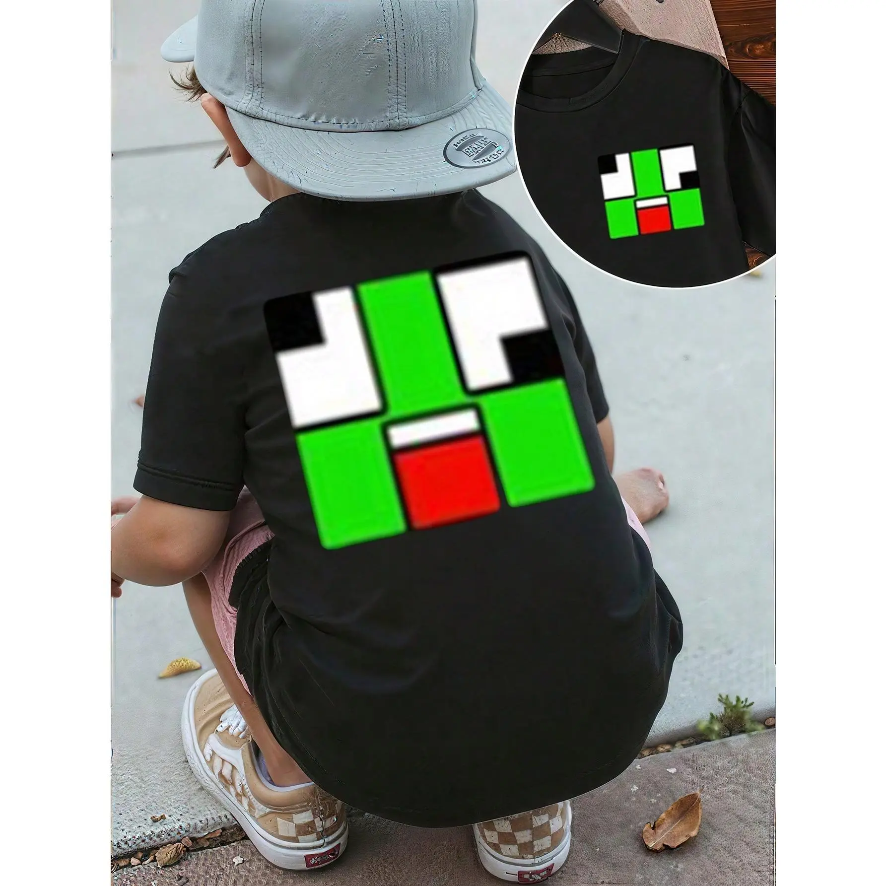 1 PCS Boys Pixel Art Graphic T-Shirt, Black Casual Style Shirts with Colorful Geometric Face Design, Boys Spring/Summer/Fall Clothes, Halloween & Christmas & Thanksgiving Day & Easter & New Year & Spring Festival