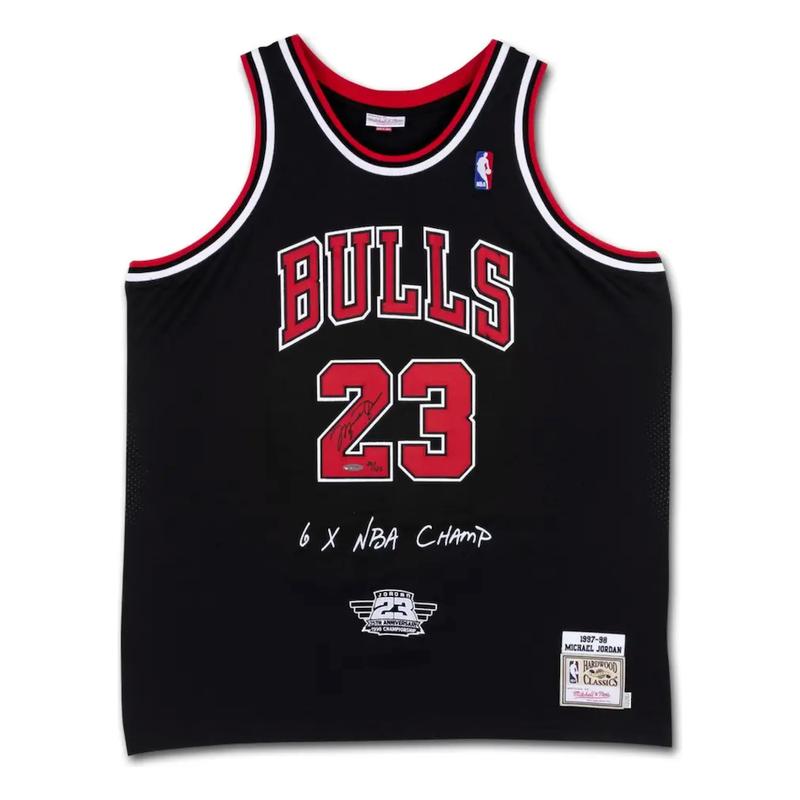 Michael Jordan Autographed Chicago Bulls '6x NBA Champ' Embroidered Black Jersey UDA LE 123