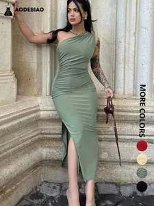 aodebiao Spring New Resort Casual Collection Women's High Slit One-Shoulder Sleeveless Bodycon Dress for Summer, Elegant Comfortable Party Wear Womenswear Elegant Slit Hem