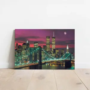2D Flat Contemporary Art Deco Depiction of The New York City Skyline Featuring a Dark Red And Black Night Scene, Showcasing One World Trade Center And The Brooklyn Bridge. This Large Horizontal Canvas Print Is Framed And Suitable