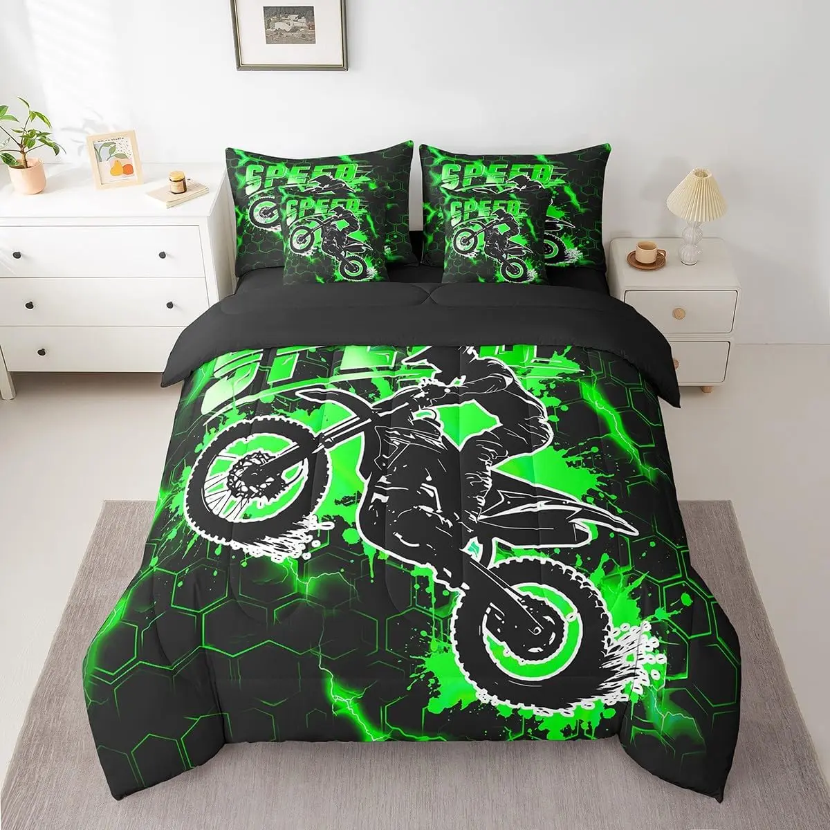 Feelyou 7-Piece Green Motocross Sport-Themed Bedding Set - Breathable Microfiber Duvet Cover Set, Multi-Size Bed-in-A-Bag with Sheets for Teens, Bed Comforter Set